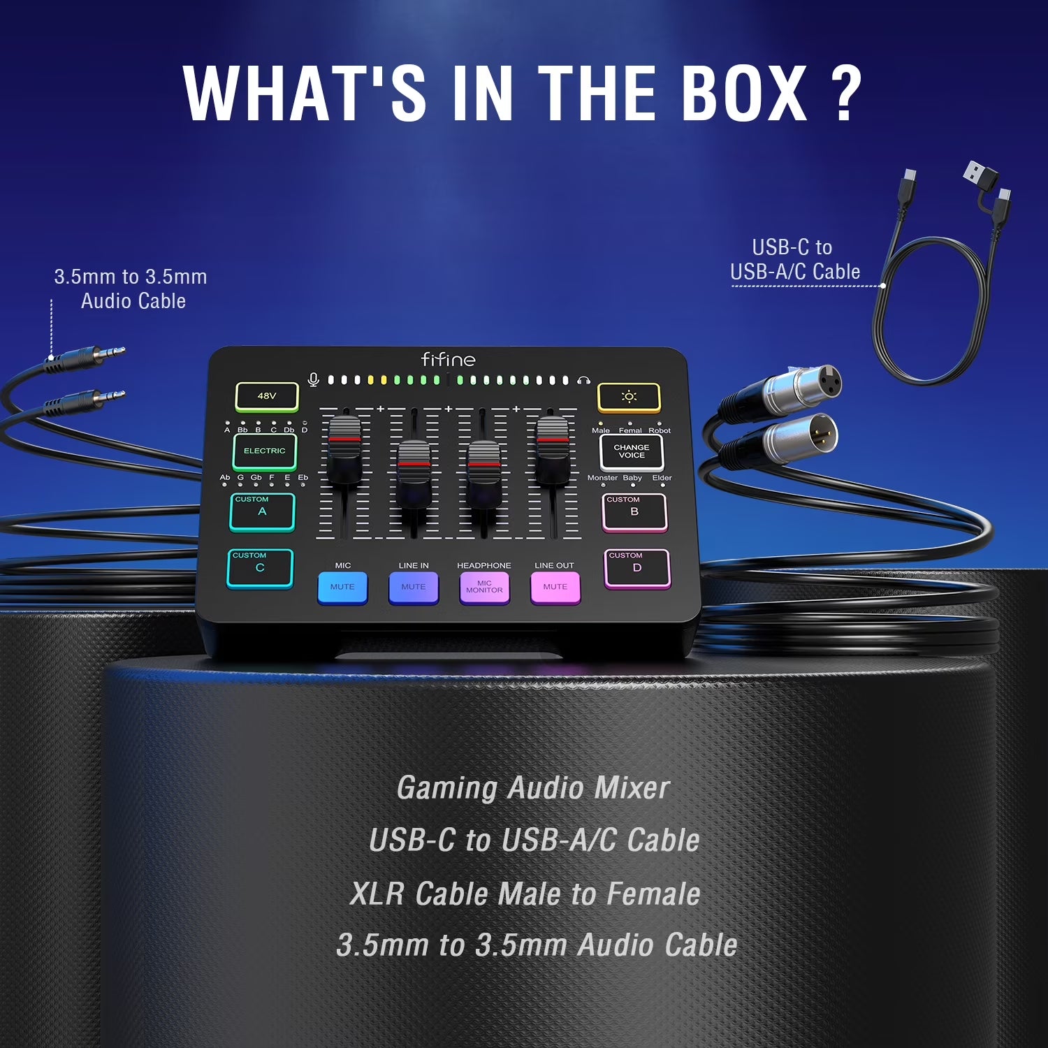 SC3 Gaming Audio Mixer, 4 Channels Audio Interface with Xlr/6.35Mm/3.5Mm Inputs, RGB Streaming Sound Card with Monitor, 48V Power, Mute Button SC3PLUS