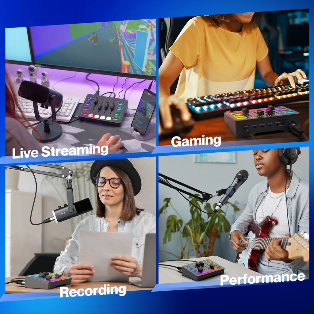 SC3 Gaming Audio Mixer, 4 Channels Audio Interface with Xlr/6.35Mm/3.5Mm Inputs, RGB Streaming Sound Card with Monitor, 48V Power, Mute Button SC3PLUS