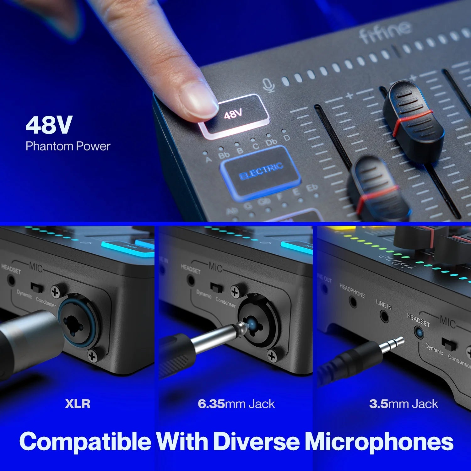 SC3 Gaming Audio Mixer, 4 Channels Audio Interface with Xlr/6.35Mm/3.5Mm Inputs, RGB Streaming Sound Card with Monitor, 48V Power, Mute Button SC3PLUS