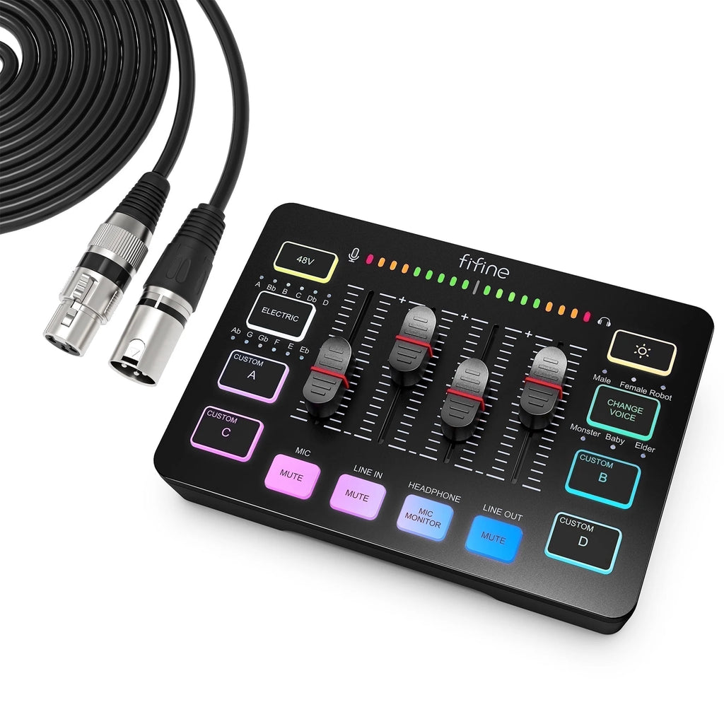 SC3 Gaming Audio Mixer, 4 Channels Audio Interface with Xlr/6.35Mm/3.5Mm Inputs, RGB Streaming Sound Card with Monitor, 48V Power, Mute Button SC3PLUS